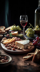 Fototapeta premium Cheese board, grapes, nuts and wine. AI generated.