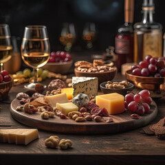 Cheese board, grapes, nuts and wine. AI generated.