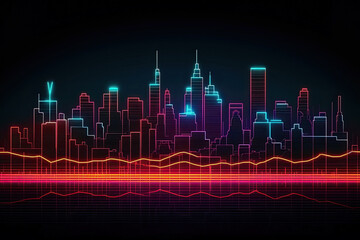 the city skyline with neon lines and buildings in the foregrounded on a black background illustration stock photo. Generative AI