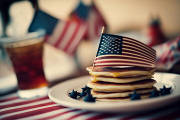 Delicious tasty pancakes with american flag. Berries arround the plate. 4th july celebration, memorial day concept. Generative Ai - obrazy, fototapety, plakaty