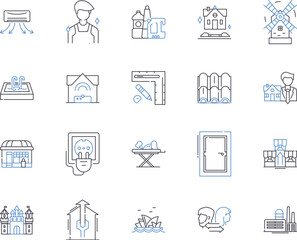 Housekeeping outline icons collection. cleaning, laundry, dusting, vacuuming, mopping, scrubbing, tidying vector and illustration concept set. organizing, polishing, sweeping linear signs