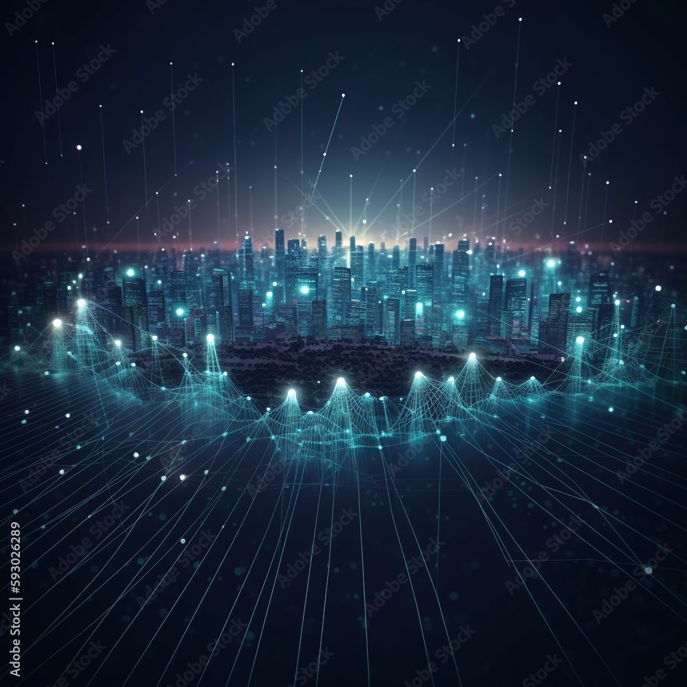Poster smart city and abstract dot point connect with gradient line and aesthetic intricate wave line desig