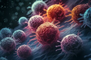 Cancer cells being treated with immunotherapy. Generative AI