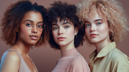 Obraz premium Group portrait of various women. Diversity happy female. Interracial differences, skin color, hairstyles, hair length for happiness and health. Generative AI. High quality illustration