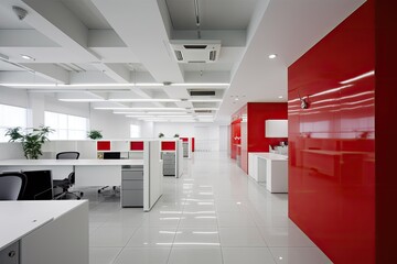 White and red office interior, comfortable workplaces. Generative ai.