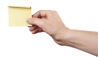 Hand holding a yellow sticker, cut out