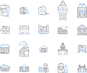 Houses and construction outline icons collection. Housing, Construction, Building, Dwelling, Architectural, Home, Real-Estate vector and illustration concept set. Residential, Estate, Developer linear