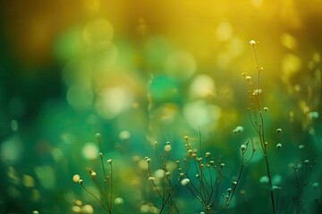 Obraz premium Abstract green filter with bokeh and softly focused, shimmering flora and wildlife. Generative AI