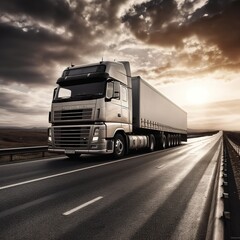 highway. Truck on a motorway, motion blur, light trails. Evening or night shot of trucks doing logistics and transportation on a highway. generative ai