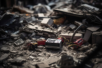 an old camera surrounded by rubble and debris in the background is a pile of electronic devices, which are scattered on the ground. Generative AI