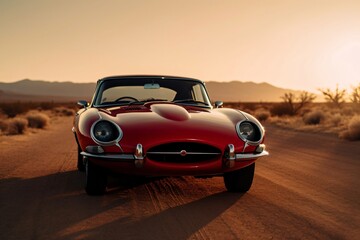 Plakat shiny red classic car in the desert created with Generative AI technology