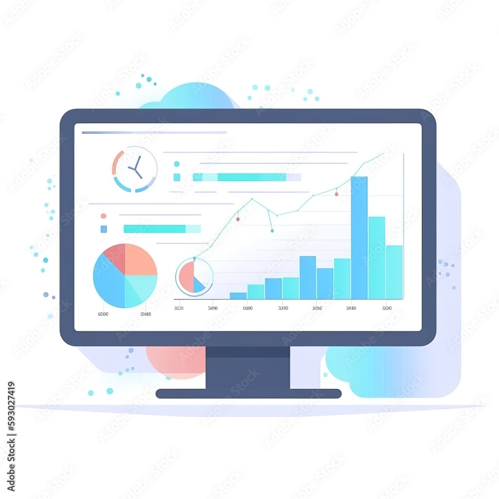 Poster web analytic information on computer screen flat icon. trend graphs report concept. statistic charts