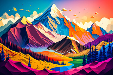 Paysage de montagne coloré imaginaire avec reflet dans le lac - Générative IA
