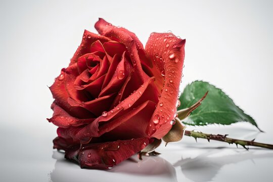 A picture of a single, gorgeous red rose on a white backdrop. Generative AI