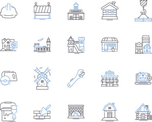 Fototapeta na wymiar Construction and architecture outline icons collection. Building, Construction, Architecture, Design, Structures, Engineering, Manufacture vector and illustration concept set. Renovation, Supplies