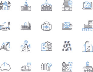 Realty and building outline icons collection. Realty, Building, Estate, Property, Land, Investment, Construction vector and illustration concept set. House, Home, Mortgage linear signs