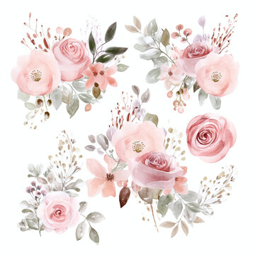 Blumen zum Dekorieren einer Hochzeitskarte, Pfingstrosen, hellrosa Aquarell Stil, einzelne Gestecke AI generiert