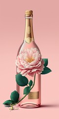 On a pink background, a champagne bottle depicts a different flower. Generative AI