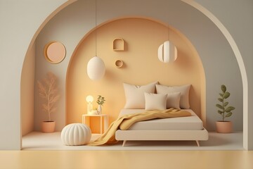 Minimalist Design of Bed Room with Soft Color Paint. Created with Generative AI Technology