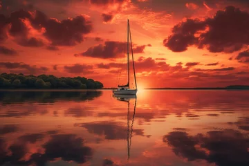 Gardinen modern sailboat on a clear lake at sunset created with Generative AI technology © StockMedia