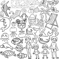 海をイメージしたかわいい線画セット