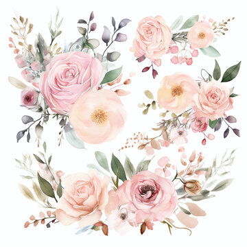 Blumen zum Dekorieren einer Hochzeitskarte, Pfingstrosen, hellrosa Aquarell Stil,  AI generiert
