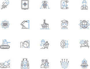 Industry outline icons collection. Manufacture, Business, Factory, Conglomerate, Commerce, Trade, Retail vector and illustration concept set. Service, Process, Production linear signs