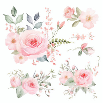 Blumen zum Dekorieren einer Hochzeitskarte, Pfingstrosen, hellrosa Aquarell Stil, einzelne Gestecke AI generiert