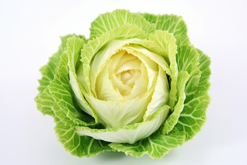 Green cabbage is seen alone on a white background. Generative AI
