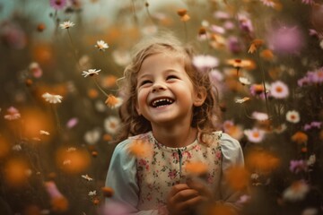 hearty laughing girl in flower dress on a flower meadow created with Generative AI technology