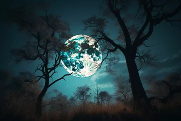 Photo sur Plexiglas Pleine Lune arbre Beautiful Night Sky with Full Moon and Trees Silhouette, generative ai