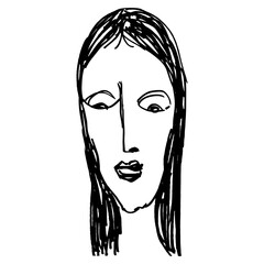 Funny face of a scared or surprised woman. Hand drawn linear doodle rough sketch. Black silhouette on white background.