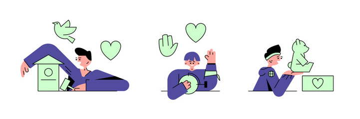 Set of different young cartoon characters volunteering. Concept of social active youth and charity. Helping animals and people. Humanitarian aid organization. Saving ecosystem together. Vector