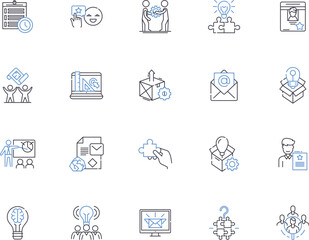Marketing strategy outline icons collection. Brand, Promotion, Advertising, Targeting, Positioning, Segmentation, Redesign vector and illustration concept set. Social, Digital, Engagement linear signs