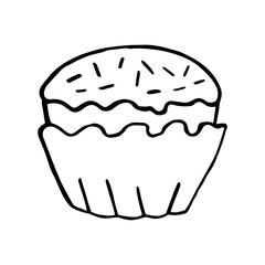 Cupcake with icing and confetti isolated on white. Cake in doodle style