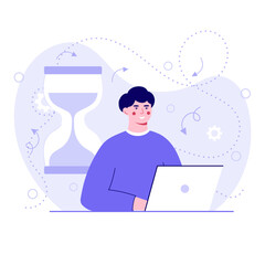 Cartoon character of young man with laptop working. Process of showing good productivity performance and efficiency in business. Idea of schedule organization. Vector