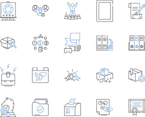 Document management outline icons collection. Document, Management, System, Records, Scanning, Capturing, Collaboration vector and illustration concept set. Repository, Access, Storage linear signs