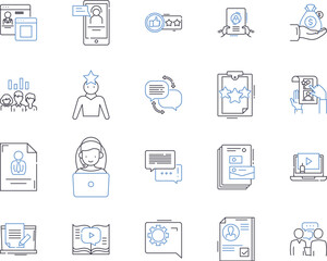 public relations outline icons collection. PR, Communications, Media, Promotion, Publicity, Reputation, Networks vector and illustration concept set. Influence, Branding, Engagement linear signs