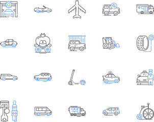 Vehicles outline icons collection. Cars, Trucks, Buses, Motors, Boats, Motorbikes, Scooters vector and illustration concept set. Vans, Lorries, Trailers linear signs