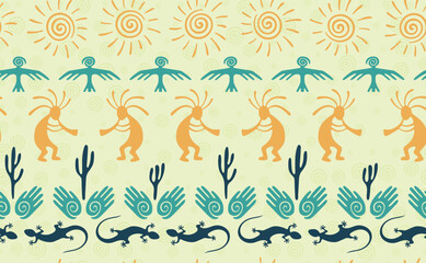 Kokopelli with flute, pangolin, hawk, sun symbol, hands and plant tribal vector seamless pattern.
