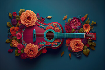 Top view of a guitar with rose flowers on the strings lies on vibrant color. Generative Ai