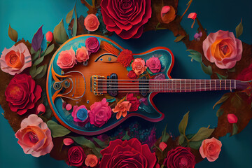 Overhead photo of guitar with tender pink flowers and petals. Generative Ai