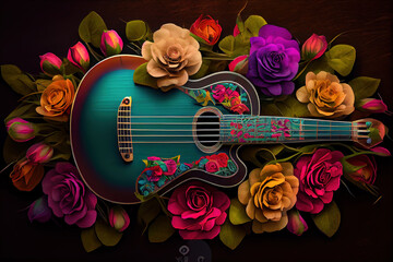 top view of a guitar and rose flowers pattern on vibrant yellow background. Generative Ai