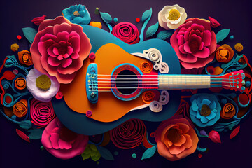 Close up of acoustic guitar and a dove of peace with a white rose. Generative Ai