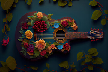 Close up of acoustic guitar and a dove of peace with a white rose. Generative Ai