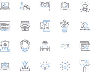 performance art outline icons collection. Performance, Art, Theatre, Dance, Music, Visual, Installation vector and illustration concept set. Activism, Poetry, Puppetry linear signs