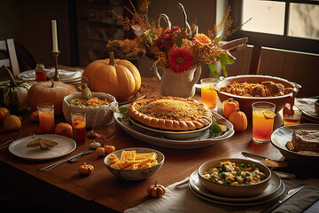 Fototapeta premium a thanksgiving dinner with pumpkins, corn and other food items on a table in front of a large window. Generative AI