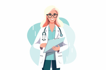 woman doctor holds a medical record and smile on a white background, vector flat illustration, Medical concept, Health сare сoncept