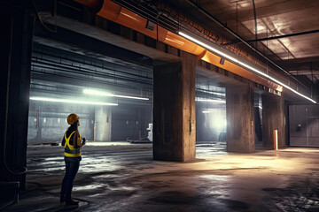 a woman standing in an industrial building. Female Project Manager Inspecting Construction Work - Generative AI