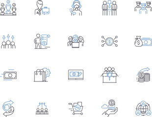 Customer relationship management outline icons collection. CRM, Customer, Relationships, Management, Service, Support, Information vector and illustration concept set. Communication, Data, Analytics
